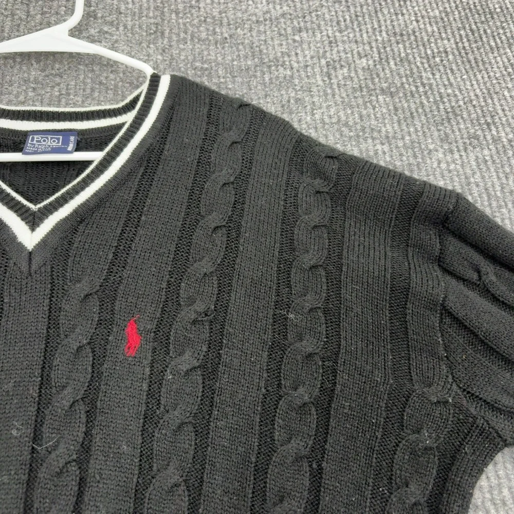 Vintage Polo Ralph Lauren Sweater Mens Black Cotton Cable Knit V-Neck Preppy